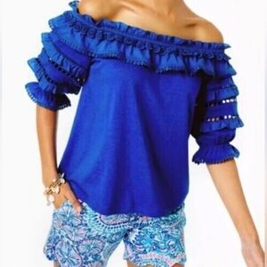 Lilly Pulitzer Brentwood Off-Shoulder Top Eyelet Ruffle Blue Grotto Size L NWOT